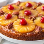 Classic Pineapple Upside-Down Cake On A White Plate, Garnished With Maraschino Cherries And Pecans.