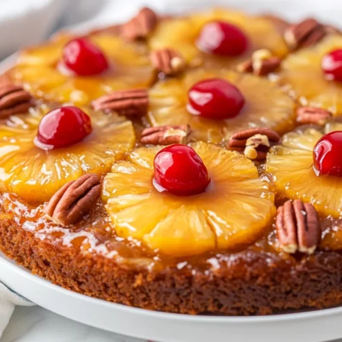 Classic Pineapple Upside-Down Cake On A White Plate, Garnished With Maraschino Cherries And Pecans.