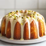 Pistachio Bundt Cake Drizzled With Lime Glaze And Garnished With Chopped Pistachios On A White Plate