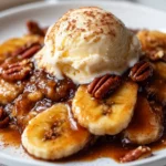 Quick Bananas Foster Served In A White Bowl With Vanilla Ice Cream And Sprinkled With Cinnamon And Pecans