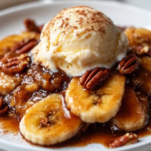 Quick Bananas Foster Served In A White Bowl With Vanilla Ice Cream And Sprinkled With Cinnamon And Pecans