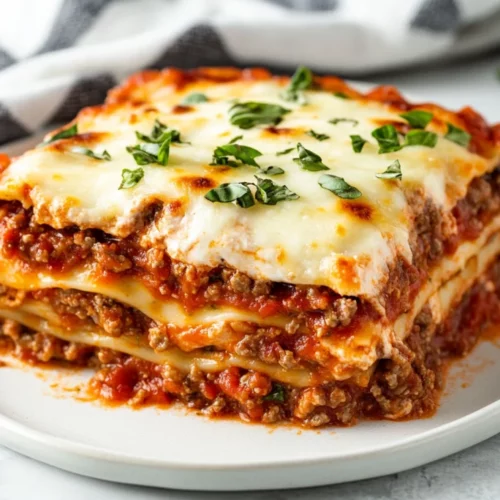 Delicious Ravioli Lasagna On A White Plate, Topped With Melted Cheese And Fresh Basil