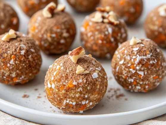 Raw Vegan Carrot Cake Bites: Easy, Healthy &Amp; Delicious Treats 2 Plate Of Raw Vegan Carrot Cake Bites Garnished With Walnuts On A Warm Kitchen Towel