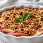 Warm Rhubarb Breakfast Crisp In A White Dish, Topped With Granola And Fresh Mint Leaves