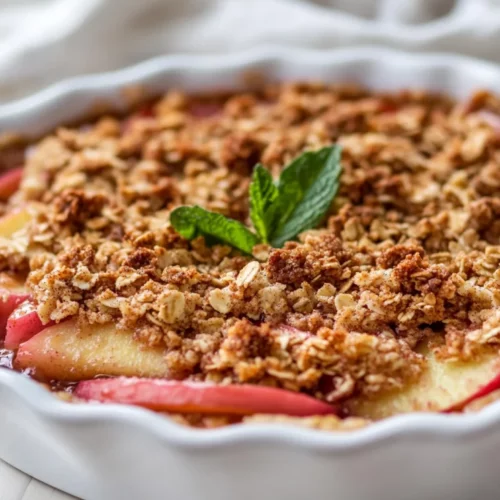 Rhubarb Breakfast Crisp: A Healthy Start To Your Day 2 Warm Rhubarb Breakfast Crisp In A White Dish, Topped With Granola And Fresh Mint Leaves