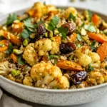 Vibrant Roasted Carrot Cauliflower Salad With Quinoa, Herbs, Pistachios, And Tahini Dressing In A Bowl