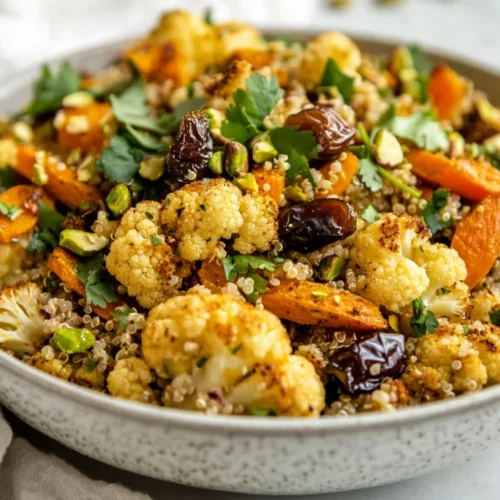 Roasted Carrot Cauliflower Salad With Quinoa &Amp; Tahini Dressing 2 Vibrant Roasted Carrot Cauliflower Salad With Quinoa, Herbs, Pistachios, And Tahini Dressing In A Bowl