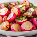 Plate Of Crispy Roasted Radishes Garnished With Fresh Greens And A Drizzle Of Lemon Juice On A Neutral Background