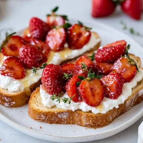 Roasted Strawberry Ricotta Toast: A Healthy And Delicious Breakfast 2 Roasted Strawberry Ricotta Toast On A White Plate Topped With Caramelized Strawberries And Fresh Thyme