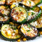 Plate Of Roasted Zucchini And Corn Garnished With Parmesan And Parsley, Showcasing Bright Colors And Textures.
