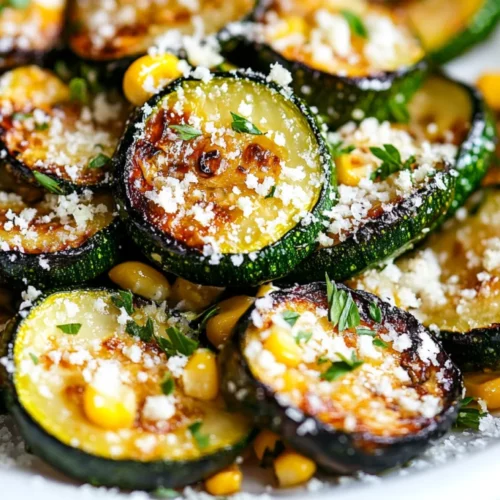 Plate Of Roasted Zucchini And Corn Garnished With Parmesan And Parsley, Showcasing Bright Colors And Textures.