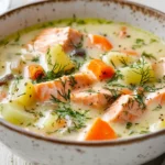 Bowl Of Salmon Dill Soup Garnished With Fresh Dill, Showcasing Chunks Of Salmon And Colorful Vegetables