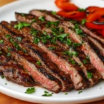 Slices Of Santa Maria Grilled Beef On A White Plate, Garnished With Fresh Parsley And Grilled Peppers
