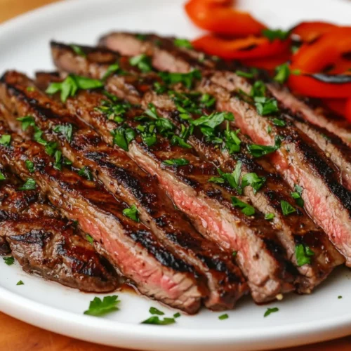 Santa Maria Grilled Beef - Your Ultimate Guide To Juicy Perfection 2 Slices Of Santa Maria Grilled Beef On A White Plate, Garnished With Fresh Parsley And Grilled Peppers
