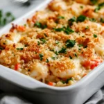 Seafood Casserole With Crab And Shrimp Topped With Crispy Breadcrumbs And Garnished With Fresh Parsley