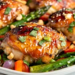 Delicious Sheet Pan Honey Sesame Chicken Served On A White Plate With Roasted Veggies, Garnished With Fresh Herbs.