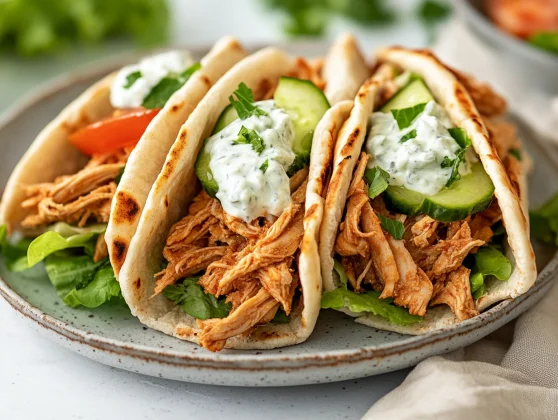 Shredded Chicken Gyros: Easy, Healthy, And Delicious 2 Savory Shredded Chicken Gyros In Whole-Grain Pita, Topped With Tzatziki And Fresh Veggies On A Clean Plate.
