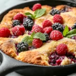 Skillet Berry Cobbler In A Cast Iron Skillet, Topped With Mint And Golden Buttermilk Crust