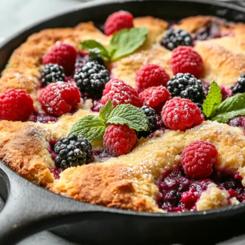 Skillet Berry Cobbler: A Healthy Mixed Berry Dessert Delight 2 Skillet Berry Cobbler In A Cast Iron Skillet, Topped With Mint And Golden Buttermilk Crust