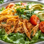Vibrant Slow Cooker Chicken Taco Salad On A White Plate Topped With Cherry Tomatoes And Avocado Slices