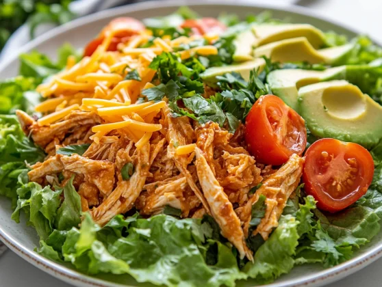 Slow Cooker Chicken Taco Salad - Healthy &Amp; Easy Recipe 2 Vibrant Slow Cooker Chicken Taco Salad On A White Plate Topped With Cherry Tomatoes And Avocado Slices