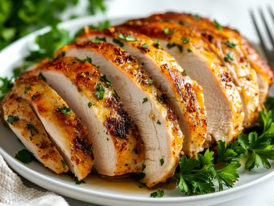 Slow Cooker Turkey Breast: Juicy, Easy &Amp; Nutrient-Packed Recipe 2 Slow Cooker Turkey Breast Slices On A White Plate, Garnished With Fresh Parsley And Paprika
