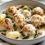 Close-Up Of Slow Cooker Tuscan Chicken Meatballs In Creamy Sauce With Gnocchi, Garnished With Parmesan And Spinach.