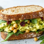 Smashed Chickpea Avocado Salad Sandwich On A Wooden Board, Filled With Avocado, Chickpeas, And Cranberries, Garnished With Arugula.