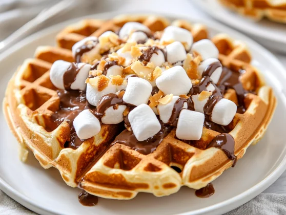 Delicious Smores Waffles With Nutella On A White Plate, Topped With Marshmallows And Toasted Coconut