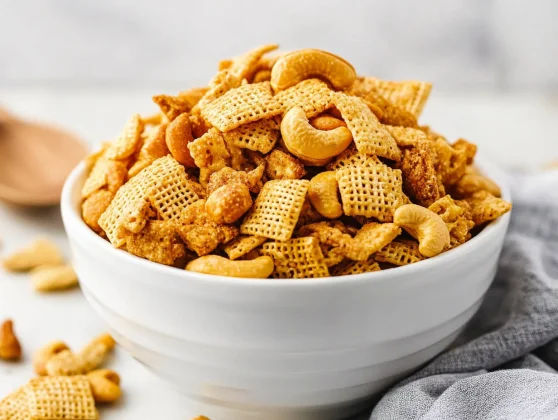 Savory Snack Mix With Cashews In A White Bowl, Showcasing Crispy Cereals And Nuts On A Neutral Table