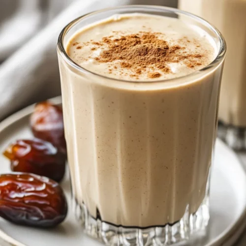 Creamy Snickerdoodle Tahini Smoothie In A Clear Glass, Garnished With Cinnamon And Medjool Dates On A White Plate.