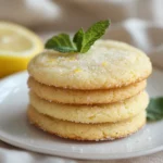 Stack Of Soft Chewy Lemon Sugar Cookies Dusted With Sugar On A White Plate With Fresh Mint Leaves