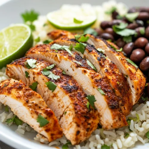 Quick And Healthy Southwest Chicken For An Easy Dinner 2 Delicious Southwest Chicken Over Lime-Cilantro Rice With Black Beans And Cilantro On A White Plate