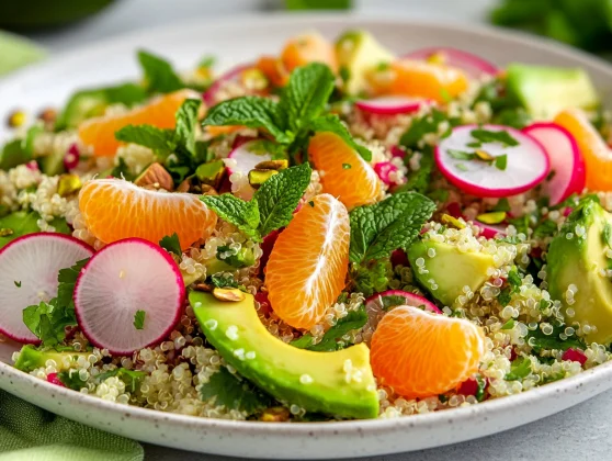 Spicy Radish Quinoa Salad: A Vibrant, Nutritious Summer Meal 2 Spicy Radish Quinoa Salad In A White Plate Topped With Avocado And Tangerines, Garnished With Mint Leaves