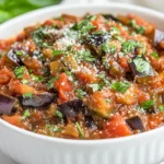 Bowl Of Spicy Tomato Eggplant Sauce Garnished With Basil And Parmesan On A Neutral Countertop