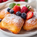 Spring Beignets With Berries On A White Plate, Lightly Dusted With Sugar And Topped With Fresh Strawberries And Blueberries.