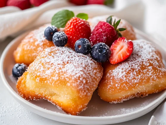 Spring Beignets With Berries: A Light, Delicious Spring Dessert 2 Spring Beignets With Berries On A White Plate, Lightly Dusted With Sugar And Topped With Fresh Strawberries And Blueberries.