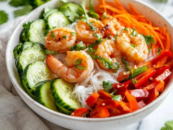 Fresh And Healthy Spring Roll Bowl Recipe With Sweet Garlic Lime Sauce 2 Fresh Spring Roll Bowl Recipe With Rice Noodles, Veggies, Shrimp, And Herbs Topped With Sweet Garlic Lime Sauce