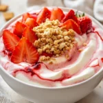 Creamy Strawberry Cheesecake Yogurt Bowl Topped With Fresh Strawberries And Graham Cracker Crumbs On A White Plate