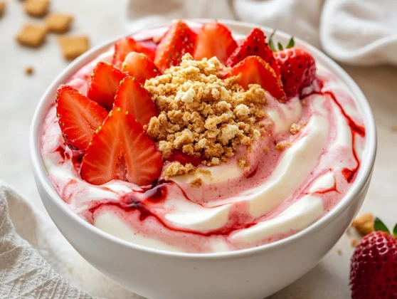 Strawberry Cheesecake Yogurt Bowl: A Quick, Healthy Treat 2 Creamy Strawberry Cheesecake Yogurt Bowl Topped With Fresh Strawberries And Graham Cracker Crumbs On A White Plate