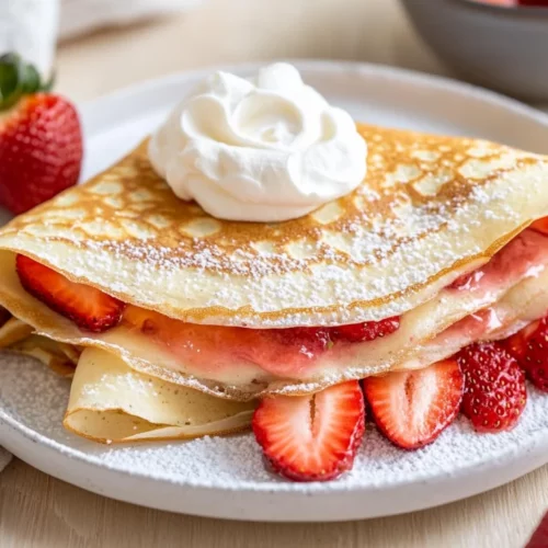 Strawberry Crepes Recipe: Quick, Easy, And Delicious 2 Delicious Strawberry Crepes On A White Plate Filled With Fruit Spread And Topped With Whipped Cream