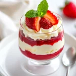 Layered Strawberry Fool Dessert In A Glass Topped With Fresh Strawberries And Mint Leaves On A White Plate