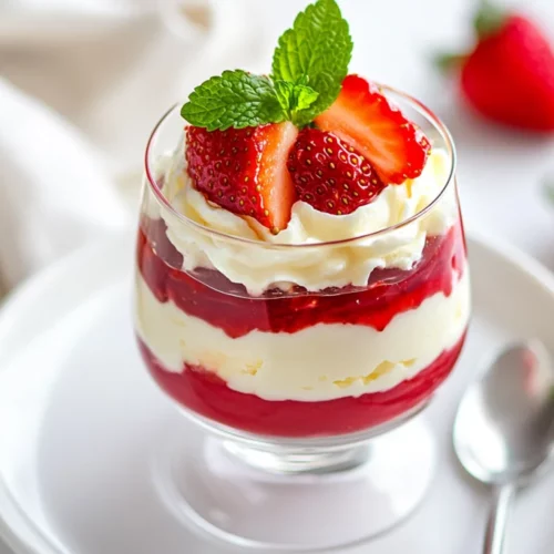 Layered Strawberry Fool Dessert In A Glass Topped With Fresh Strawberries And Mint Leaves On A White Plate