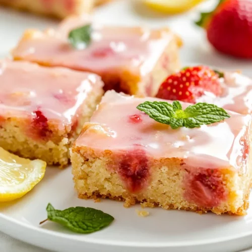 Strawberry Lemon Blondies - The Perfect Quick Dessert Recipe 2 Sliced Strawberry Lemon Blondies On A White Plate, Topped With Pink Glaze And Garnished With Strawberries And Mint.
