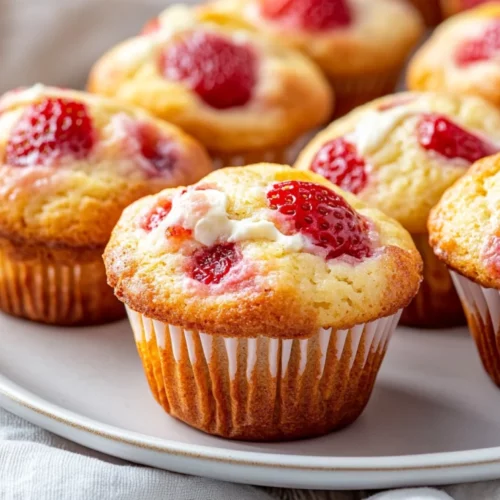 Strawberry Muffins With Cream Cheese - Fluffy &Amp; Healthy Breakfast Treat 2 Close-Up Of Strawberry Muffins With Cream Cheese On A White Plate, Showcasing Creamy Swirls And Vibrant Strawberries.