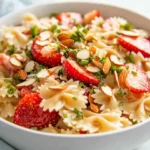 Bright Strawberry Pasta Salad In A White Bowl, Topped With Toasted Almonds And Green Onions