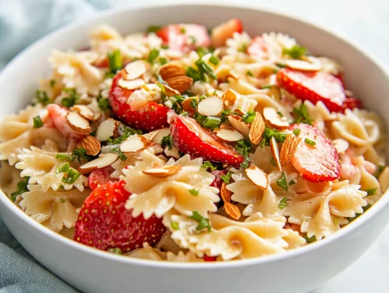 Bright Strawberry Pasta Salad In A White Bowl, Topped With Toasted Almonds And Green Onions