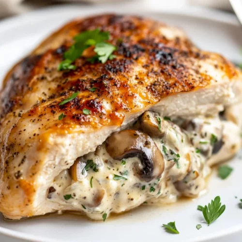 Stuffed Chicken Breast Recipe With Mushrooms And Herb Cream Cheese 2 Stuffed Chicken Breast On A White Plate, Showing Creamy Filling And Garnished With Fresh Parsley