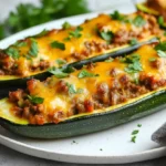 Melty Stuffed Zucchini Boats Filled With Beef, Peppers, And Cheese On A White Plate, Garnished With Parsley
