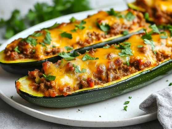 Best Stuffed Zucchini Boats Recipe: Healthy, Cheesy, And Easy! 2 Melty Stuffed Zucchini Boats Filled With Beef, Peppers, And Cheese On A White Plate, Garnished With Parsley